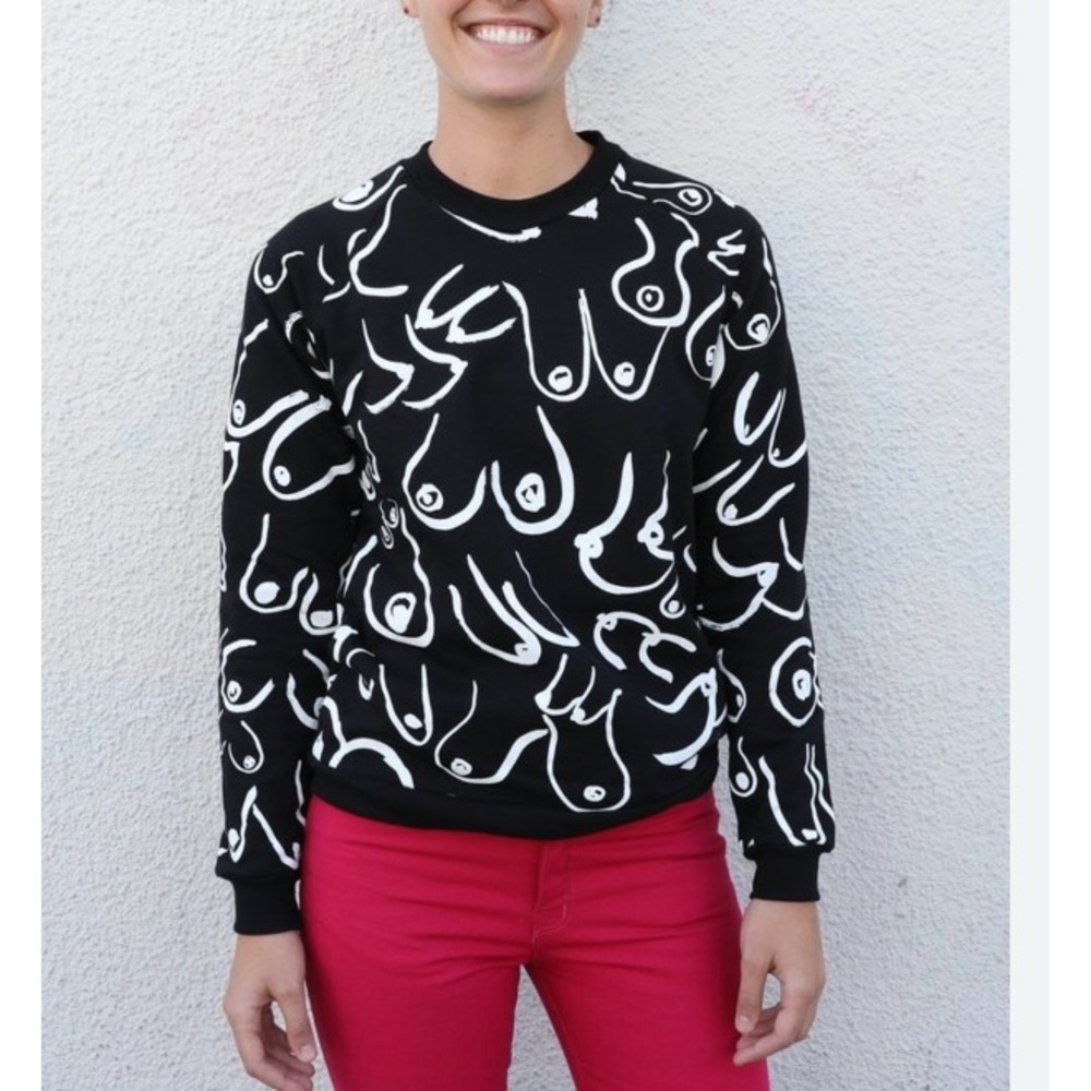 Gravel & Gold Boobs Print Sweatshirt Black White Cotton Mock Neck Size 0 XS